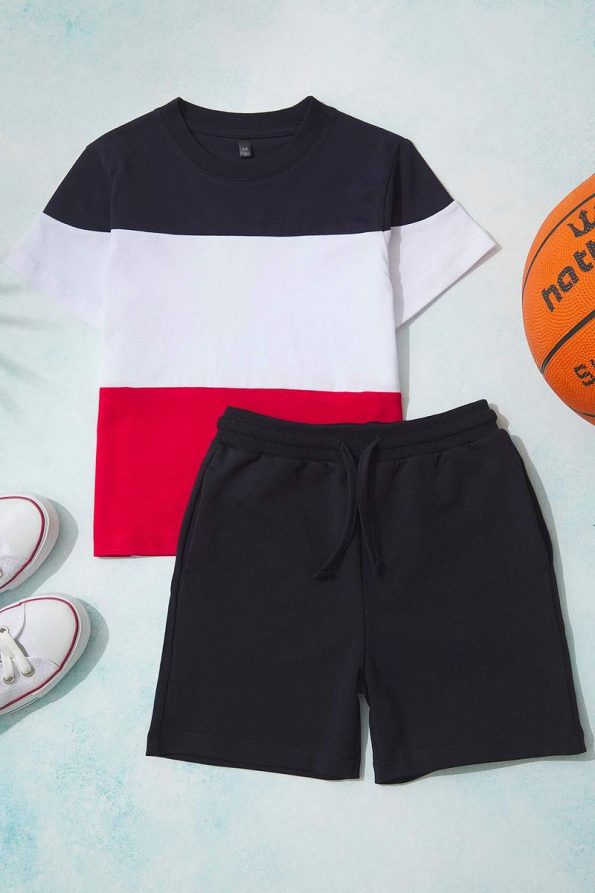 Trendyolmilla Kids Navy Blue Cotton Color Block Short Sleeve Set