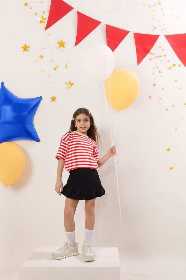 Trendyolmilla Kids Red Striped Cotton Heart Embroidered Oversized Short Sleeve T-Shirt