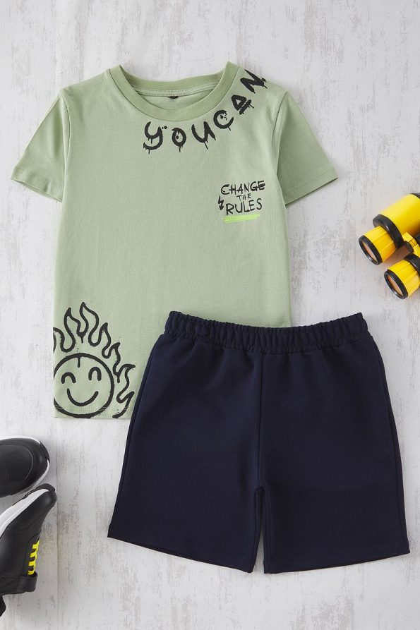 Trendyolmilla Kids Mint Cotton Printed Two-Piece Set for Boys