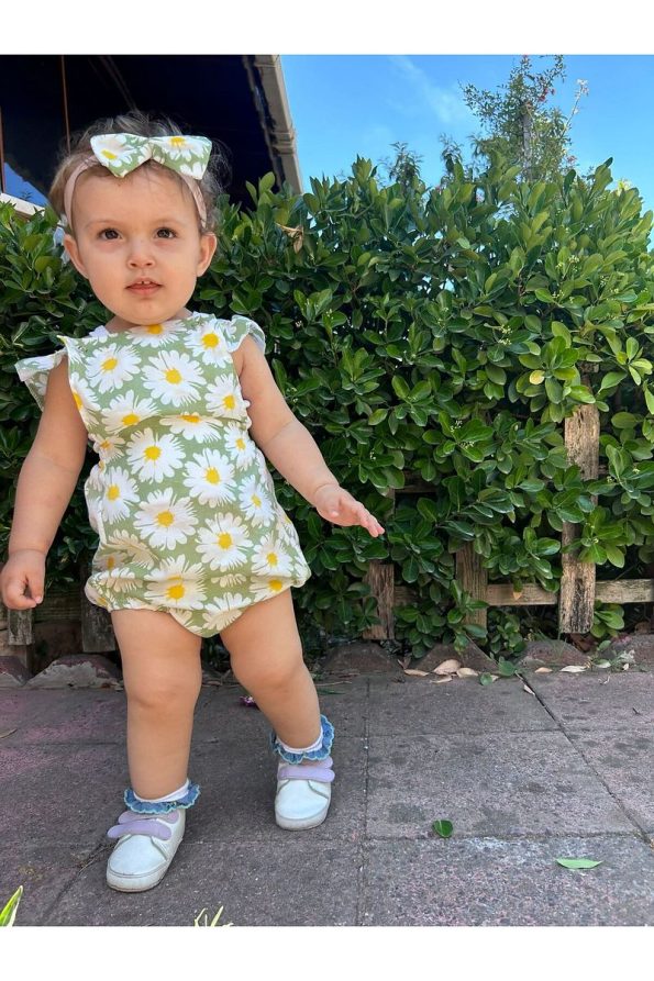 BAHNUR Baby Green Floral Romper and Bandana Set