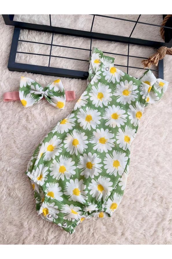 BAHNUR Baby Green Floral Romper and Bandana Set