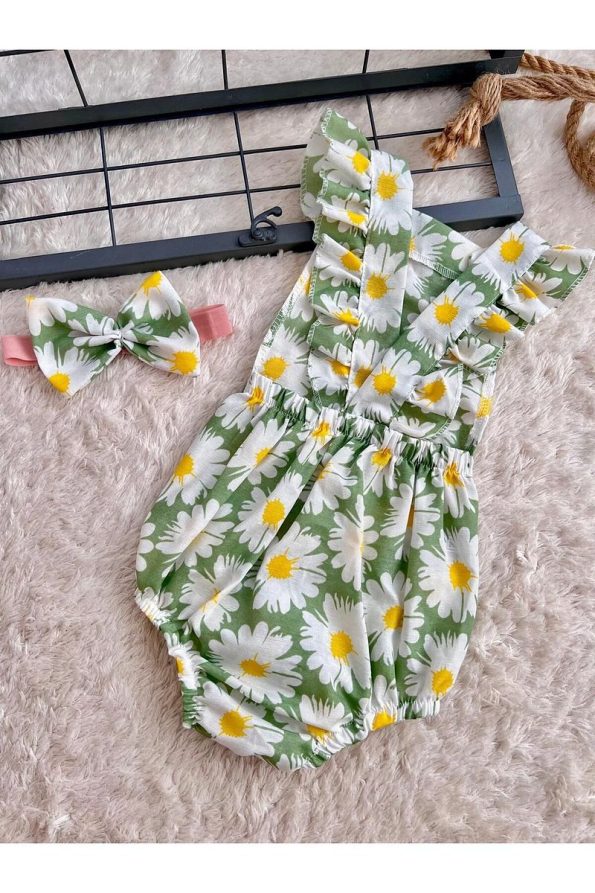 BAHNUR Baby Green Floral Romper and Bandana Set