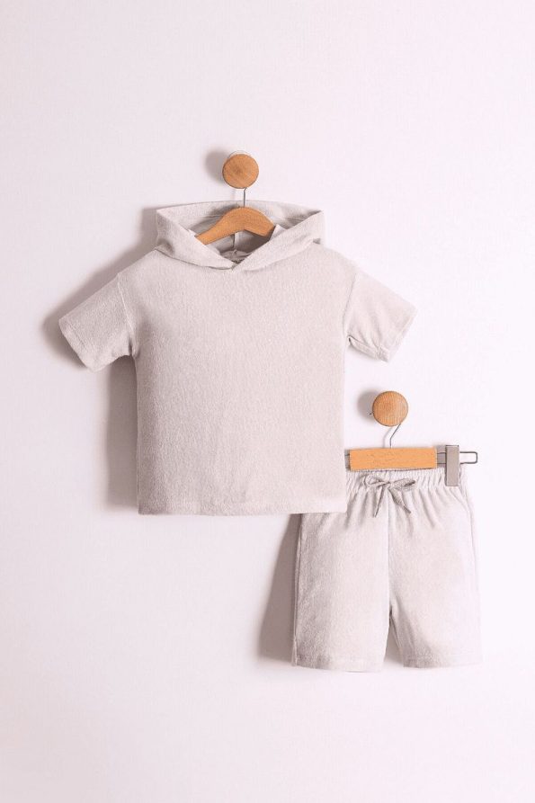 Pollito Boys' Stone Color Hooded Towel Fabric T-Shirt and Shorts Set