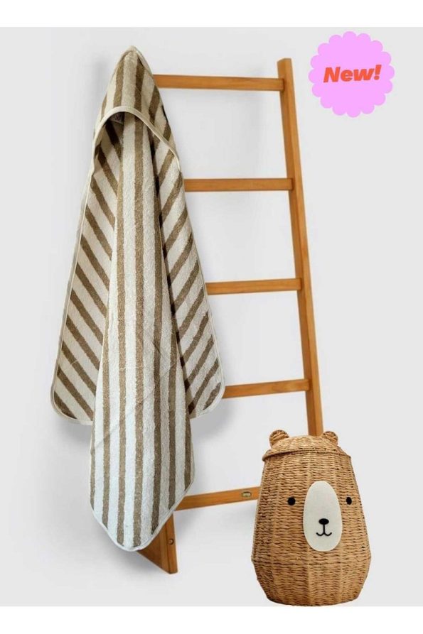 Cotton Baby Hooded Towel for Newborns in Striped Olive Green