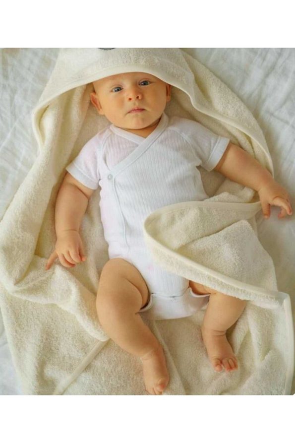 Soft Cotton Baby Bath Towel Wrap in Beige with Bear Design