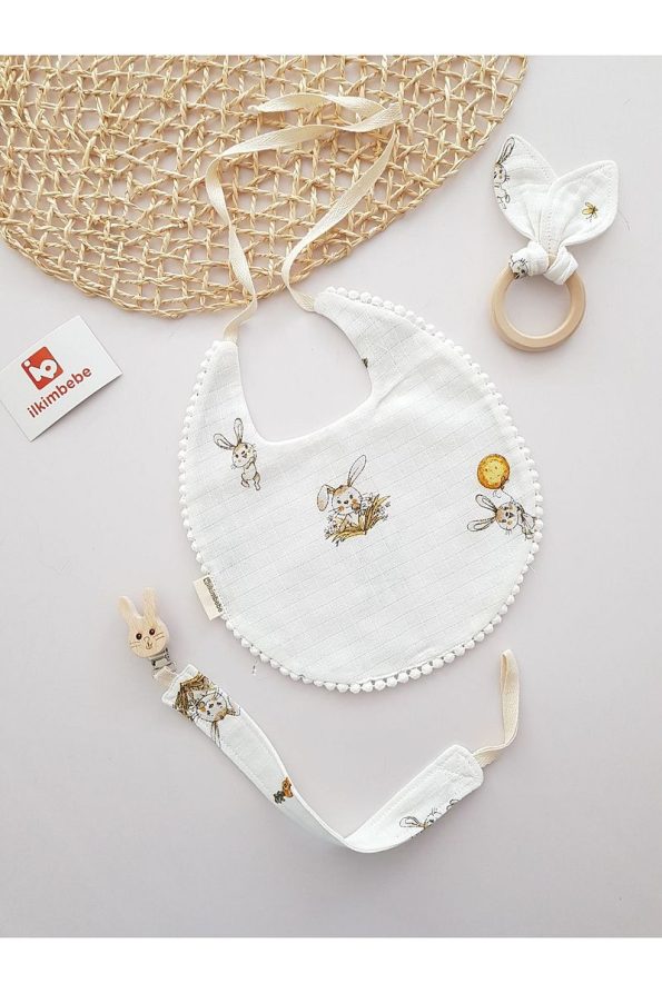 ilkimbebe Baby Bib, Pacifier Chain and Wooden Teether Set