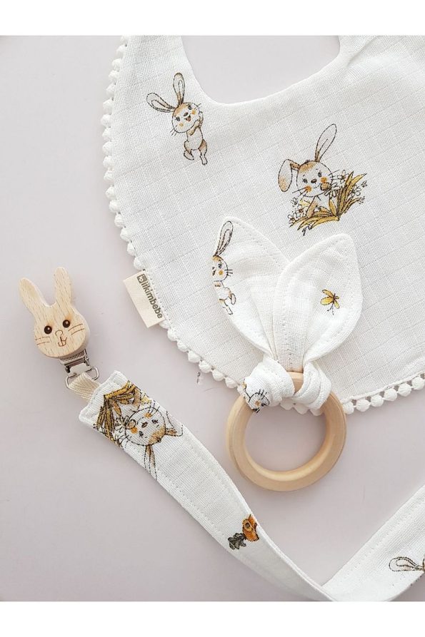 ilkimbebe Baby Bib, Pacifier Chain and Wooden Teether Set