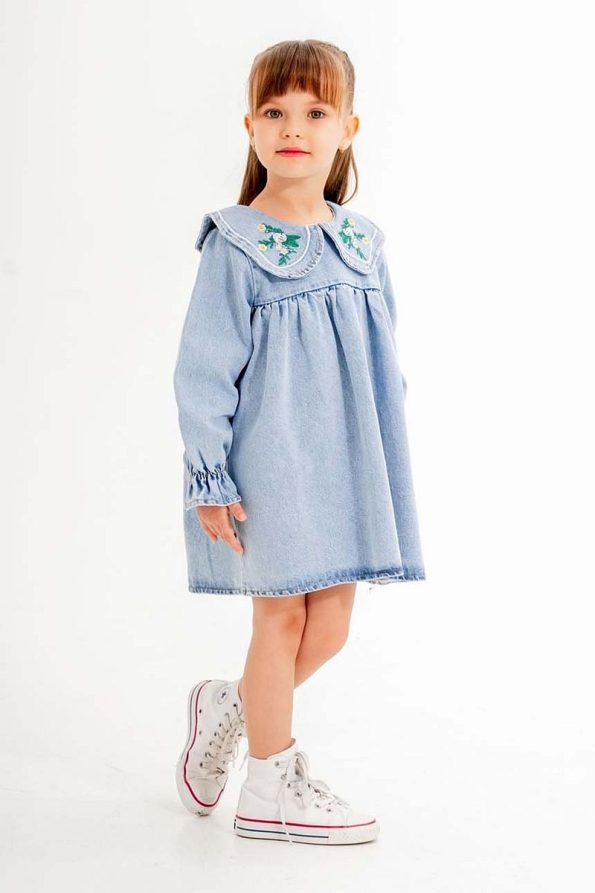 Cansın Mini Blue Floral Embroidered Long Sleeve Girls' Denim Dress