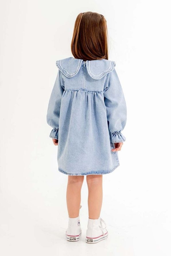Cansın Mini Blue Floral Embroidered Long Sleeve Girls' Denim Dress