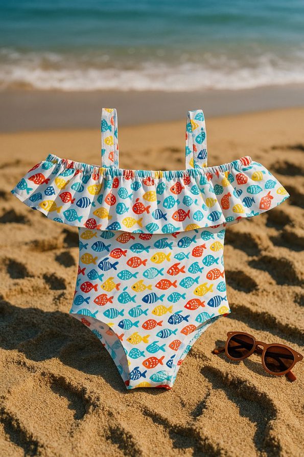 Ella Bonna Colorful Fish Themed Girls Beach Outfit with Water Shoes & Swimsuit Set