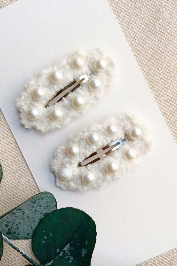 Handcrafted White Snap Hair Clip with Pearl Embellishments for Girls
