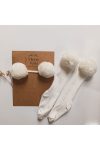 Girls' Baby Cream Bandana with Pom Poms and Pom Pom Socks