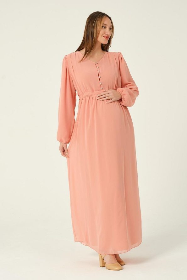 BUSA Maternity Tie Waist Chiffon Maxi Dress Salmon