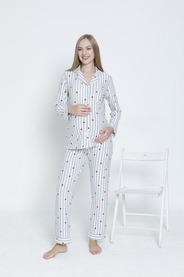 Miss Dünya Lissa Front Buttoned Shirt Collar Suede Velvet Adjustable Waist Maternity and Nursing Pajama Set