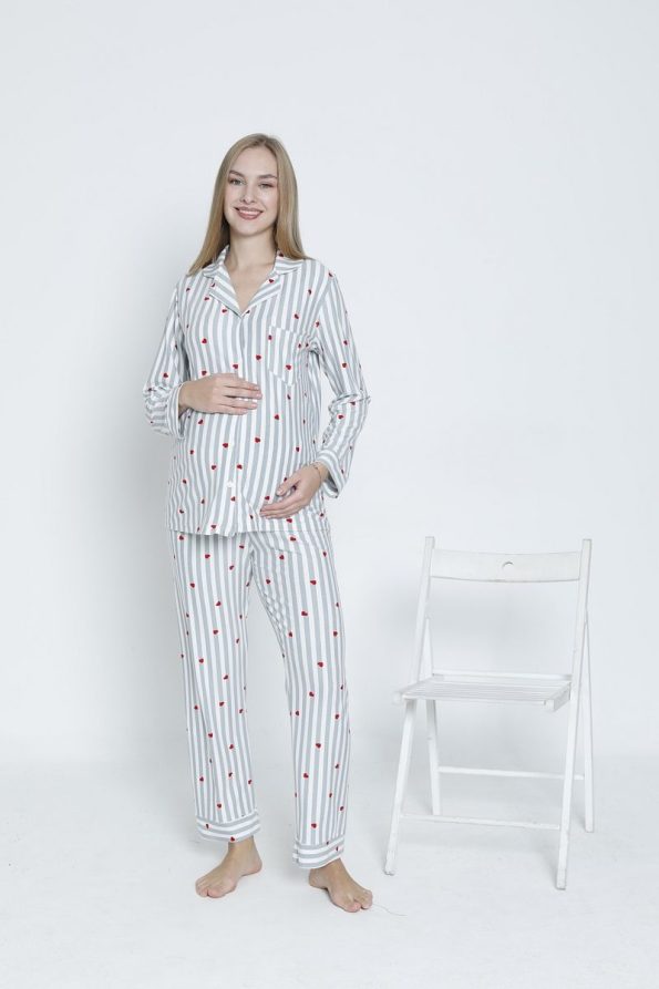 Miss Dünya Lissa Front Buttoned Shirt Collar Suede Velvet Adjustable Waist Maternity and Nursing Pajama Set