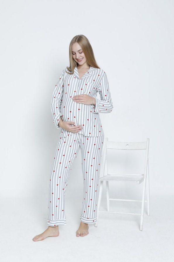 Miss Dünya Lissa Front Buttoned Shirt Collar Suede Velvet Adjustable Waist Maternity and Nursing Pajama Set
