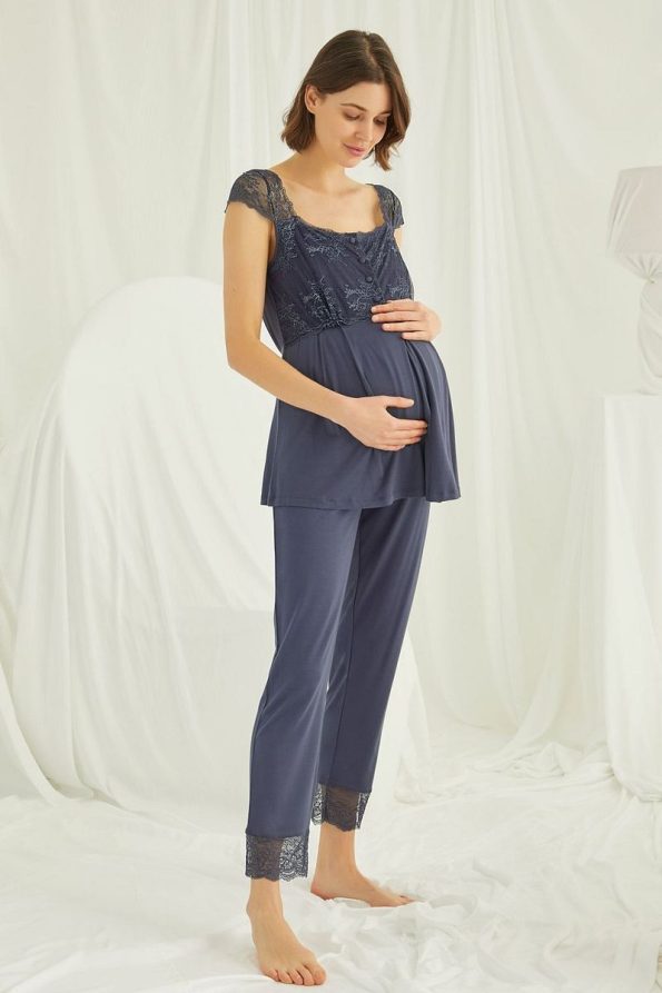 MONAMİSE Women's Lace Front Button Maternity Pajama Set