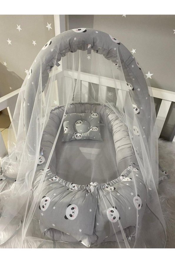 Jaju Baby Gray Panda Nest with Canopy and Toy Hanger