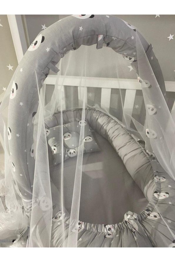 Jaju Baby Gray Panda Nest with Canopy and Toy Hanger
