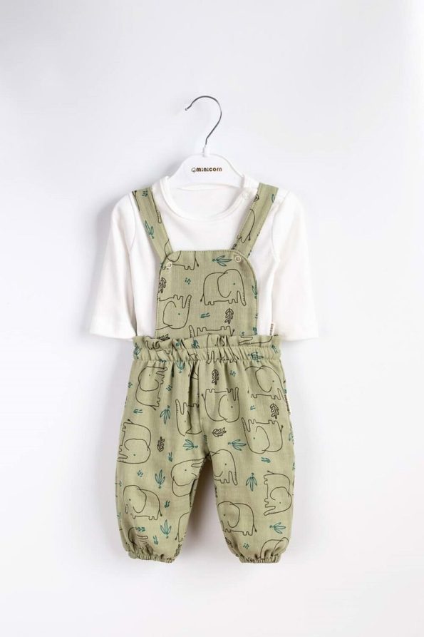 MiniCorn Elephant Print Baby Overalls Green