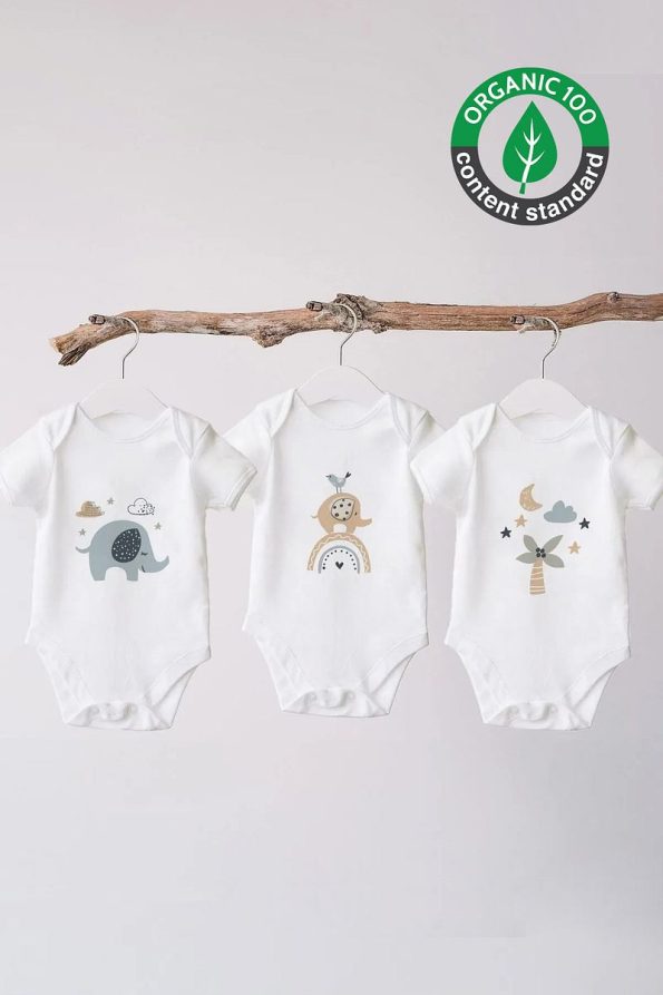 Lilabio 100% Organic Cotton 3-Pack Short Sleeve Baby Bodysuits - Elephant