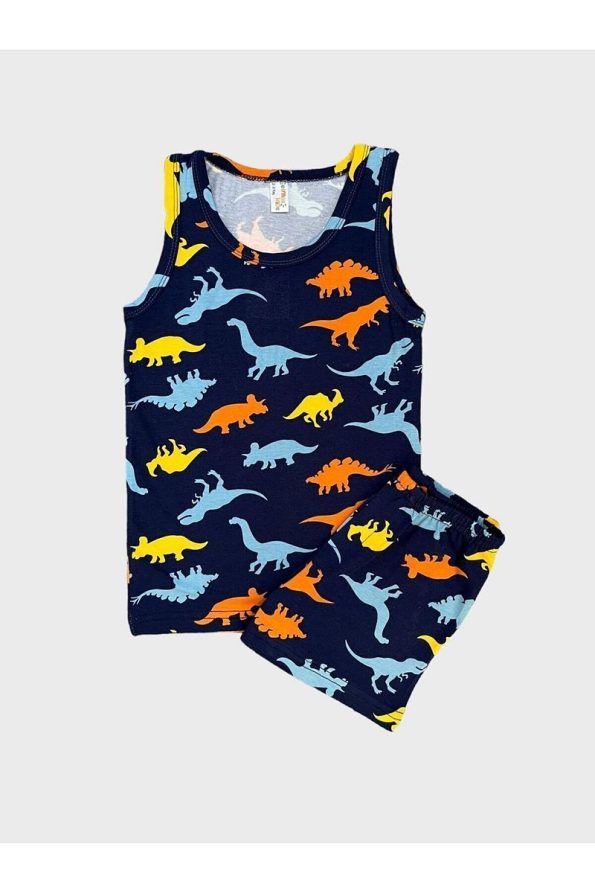 Elmas Kids Boys' Cotton Dinosaur Print Navy Tank Top and Boxer Set