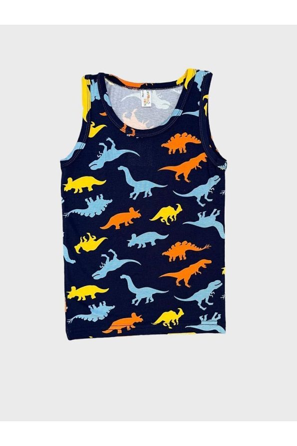 Elmas Kids Boys' Cotton Dinosaur Print Navy Tank Top and Boxer Set