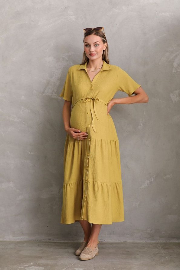 Miss World Lissa Front Button Short Sleeve Shirt Collar Maternity and Nursing Dress