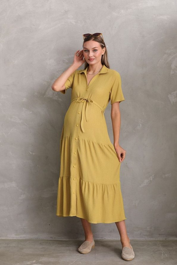 Miss World Lissa Front Button Short Sleeve Shirt Collar Maternity and Nursing Dress