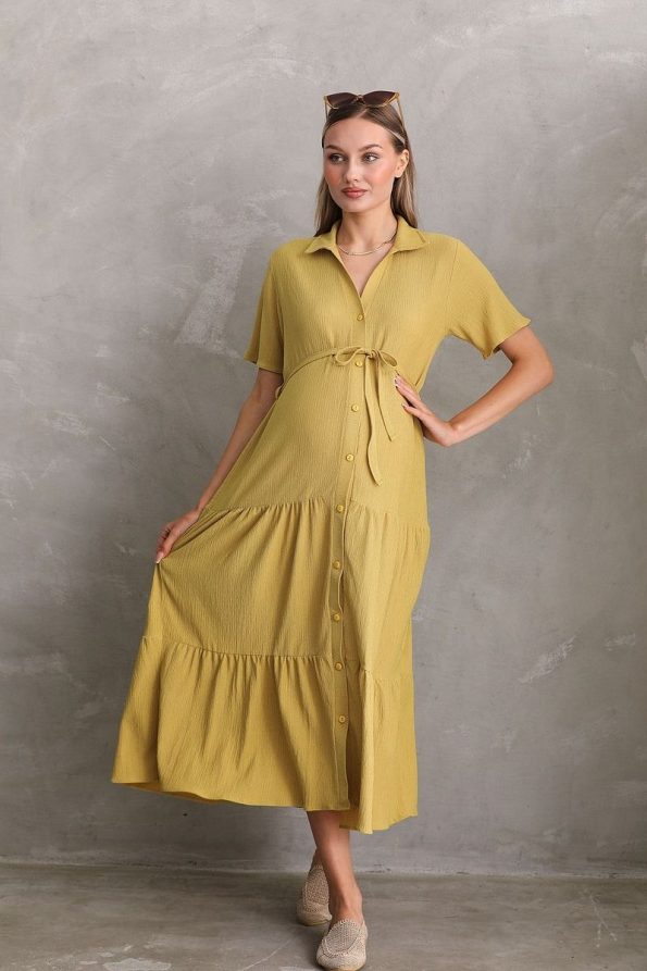 Miss World Lissa Front Button Short Sleeve Shirt Collar Maternity and Nursing Dress