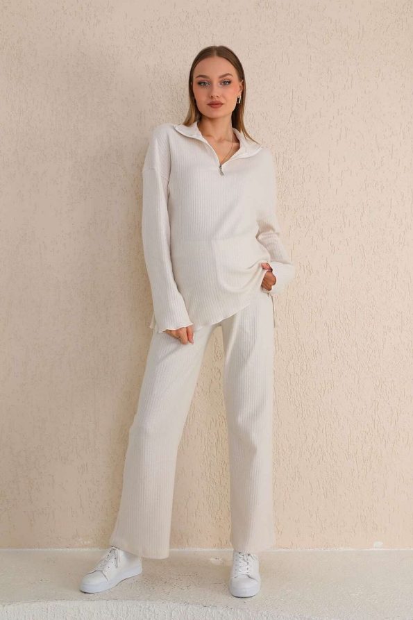 Miss Dünya Lissa Cream Zip-Up Soft Fabric Maternity and Nursing Tracksuit