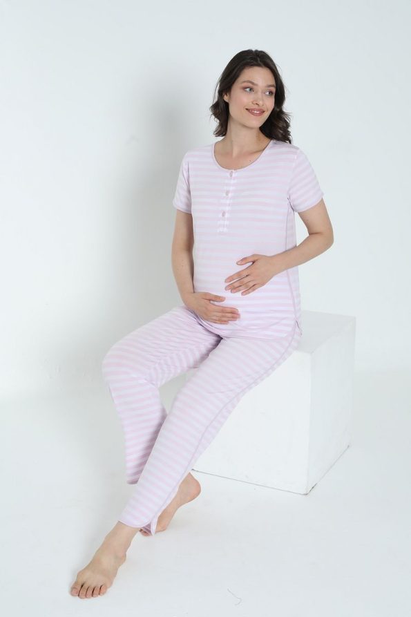 Miss Dünya Lissa Striped Nursing-Friendly Short Sleeve Maternity Pajama Set