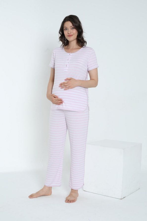 Miss Dünya Lissa Striped Nursing-Friendly Short Sleeve Maternity Pajama Set