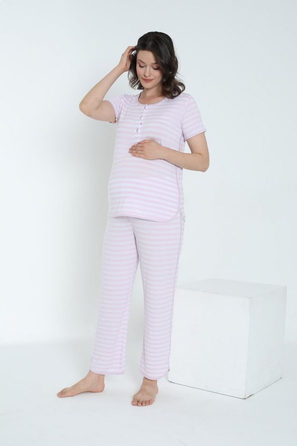 Miss Dünya Lissa Striped Nursing-Friendly Short Sleeve Maternity Pajama Set