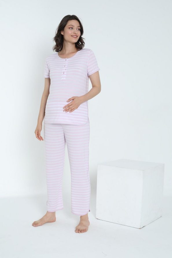 Miss Dünya Lissa Striped Nursing-Friendly Short Sleeve Maternity Pajama Set