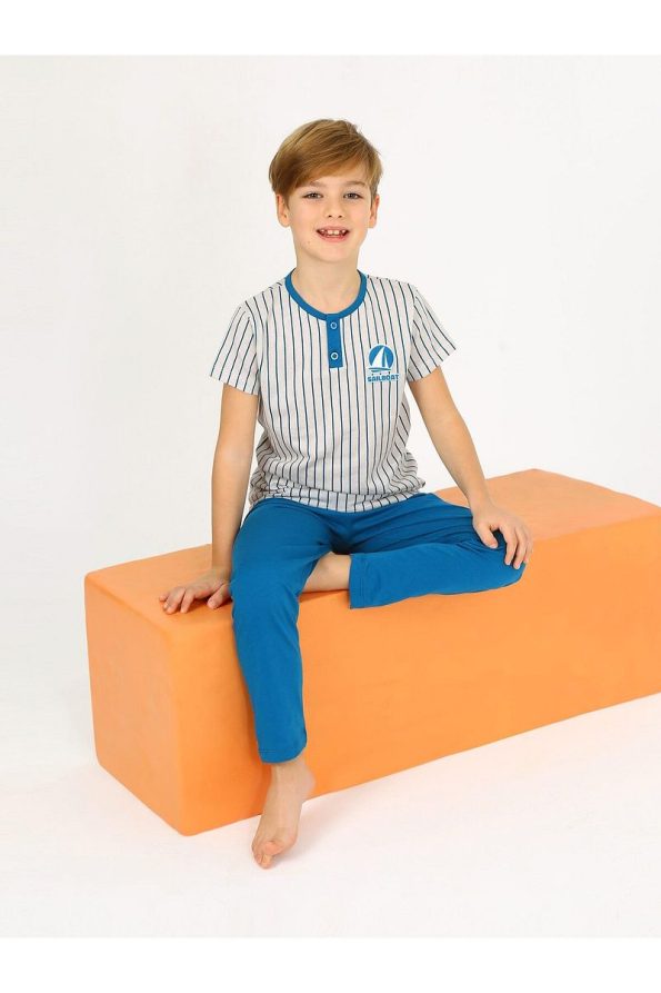 vitmo Boys' Short Sleeve 100% Cotton Button Detail Sailboat Pajama Set