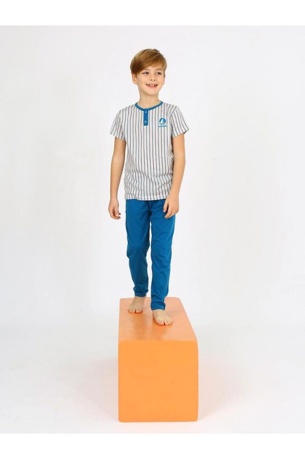 vitmo Boys' Short Sleeve 100% Cotton Button Detail Sailboat Pajama Set