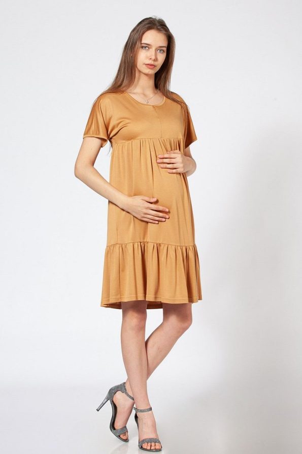 BUSA Maternity Dress with Zippered Neck and Ruffled Short Sleeves in Mustard