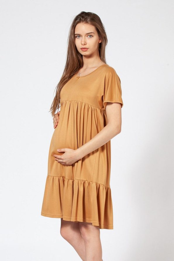 BUSA Maternity Dress with Zippered Neck and Ruffled Short Sleeves in Mustard
