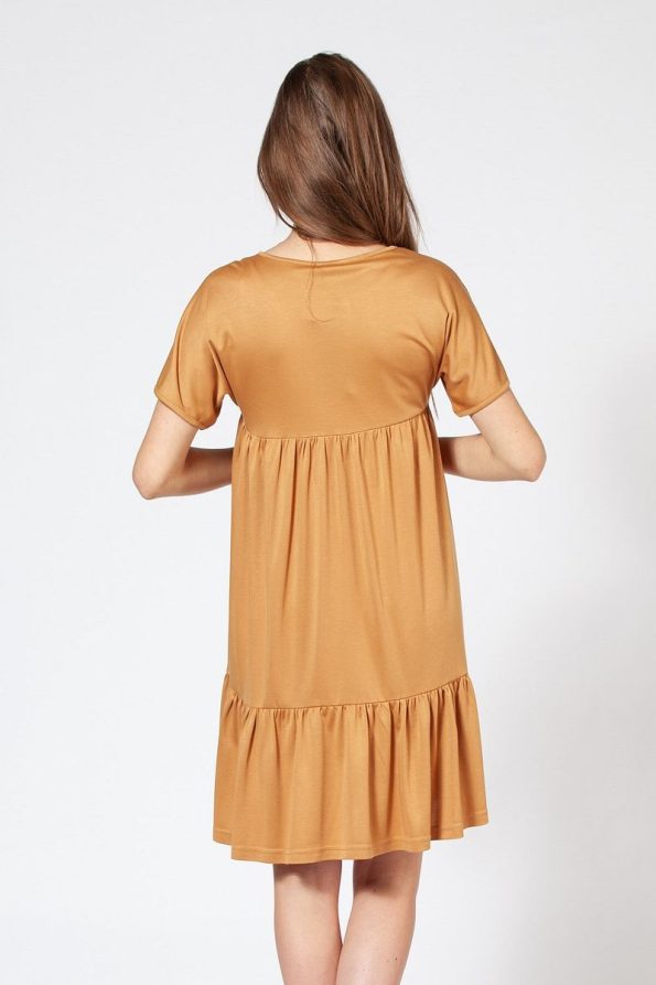 BUSA Maternity Dress with Zippered Neck and Ruffled Short Sleeves in Mustard