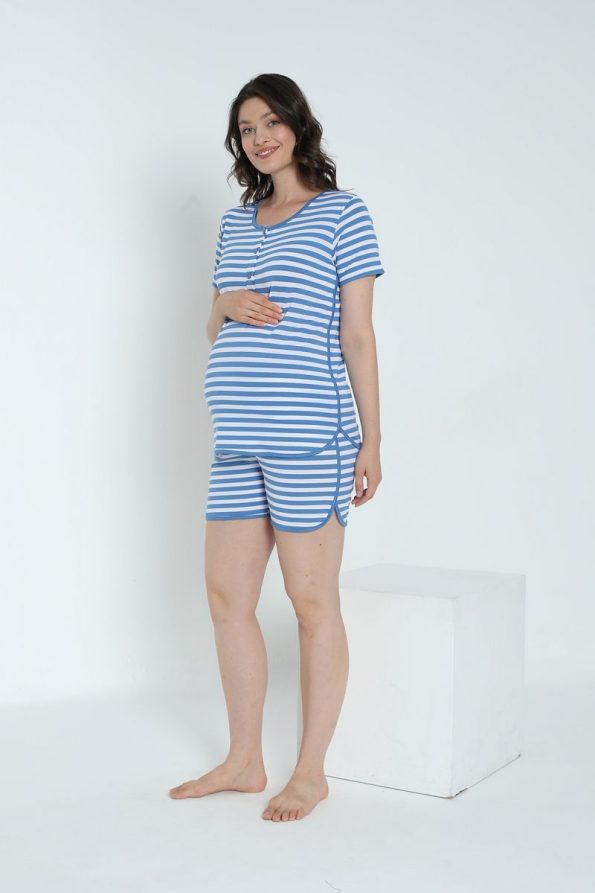 Miss World Lissa Striped Nursing-Friendly Maternity and Nursing Pajama Set with Shorts