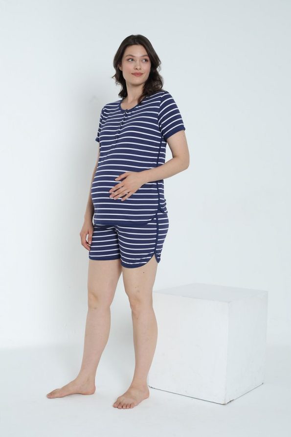 Miss World Lissa Striped Nursing-Friendly Maternity and Nursing Pajama Set with Shorts