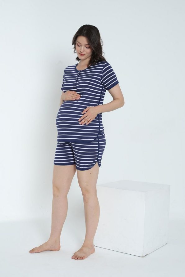 Miss World Lissa Striped Nursing-Friendly Maternity and Nursing Pajama Set with Shorts