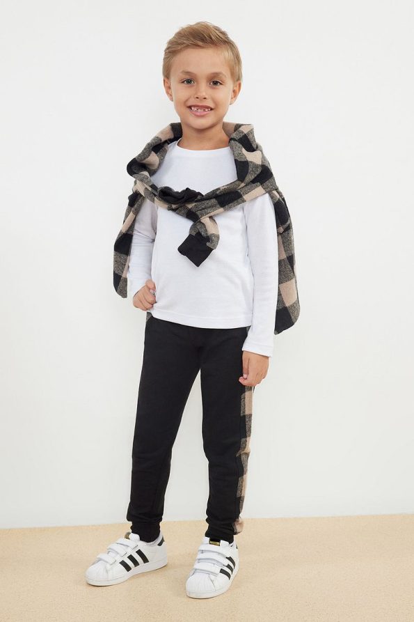Trendyolmilla Kids Black Boys' Cotton Check 3-Piece T-Shirt and Pants Set