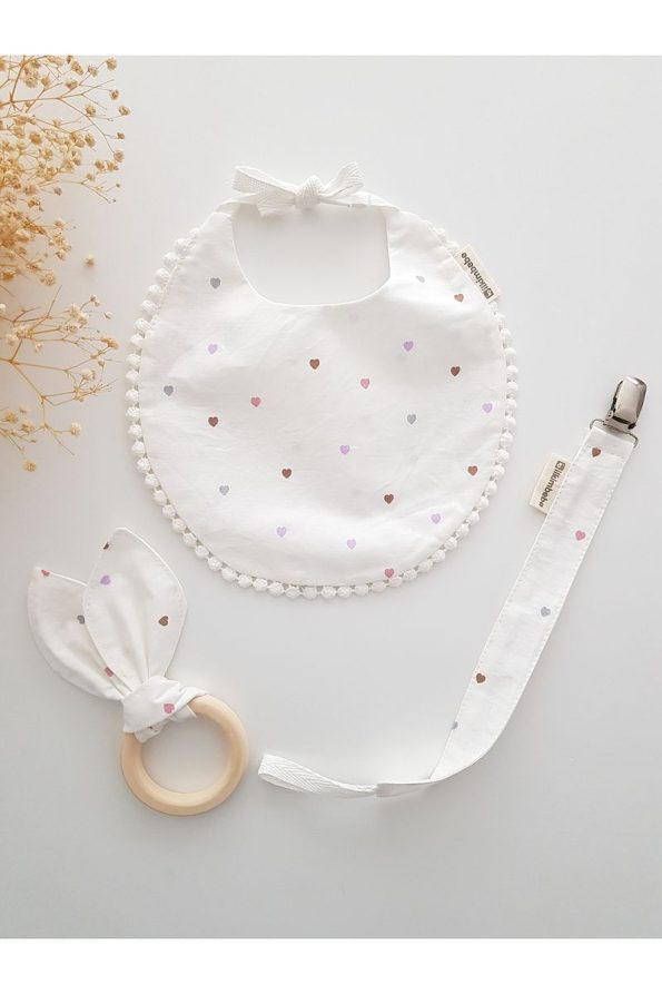 ilkimbebe Baby Bib, Pacifier Chain, and Wooden Teether Set