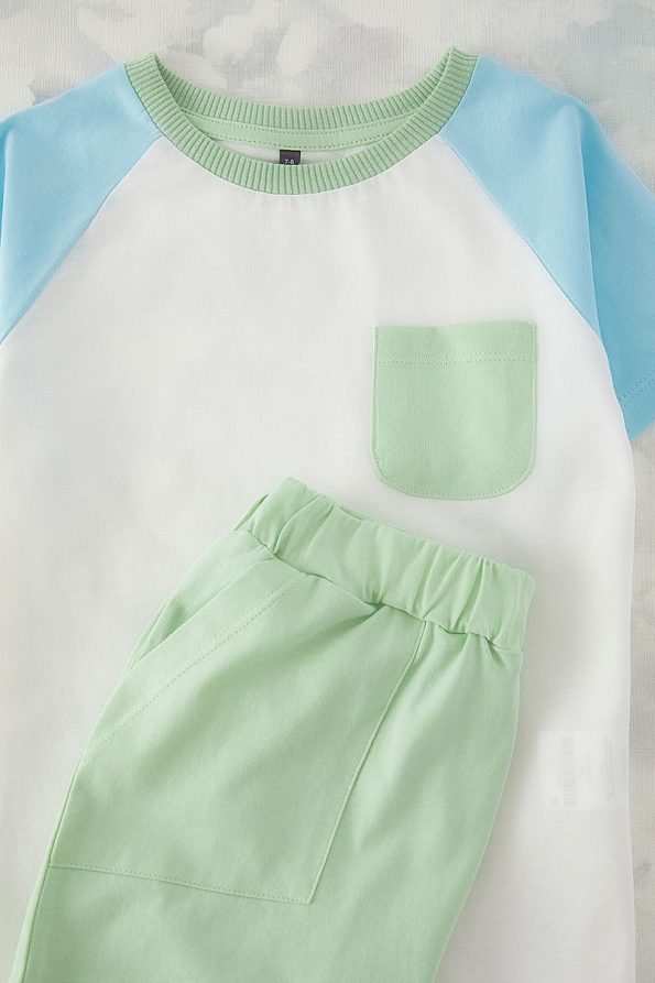 Trendyolmilla Kids Green Boys' 100% Cotton Color Block Short Sleeve Set