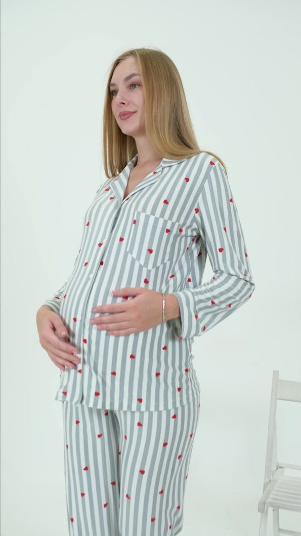 Miss Dünya Lissa Front Buttoned Shirt Collar Suede Velvet Adjustable Waist Maternity and Nursing Pajama Set