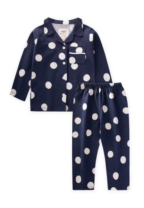 Polka Dot Pajama Set for Ages 8-12 in Navy Blue