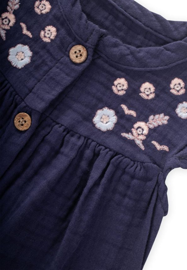Organic Embroidered Muslin Romper 0-3 Years Navy Blue