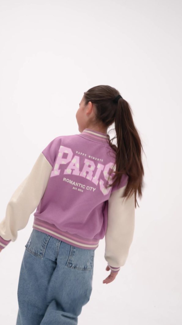 Minipodyum Girls' Paris Slogan Embroidered Snap-Button Bomber Jacket